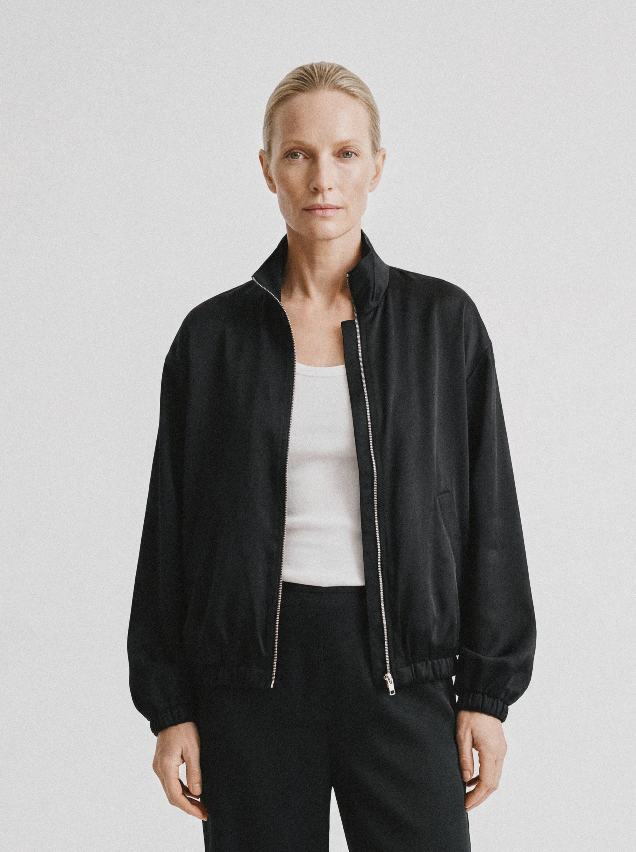 Relaxed Silk Bomber Jacket Black