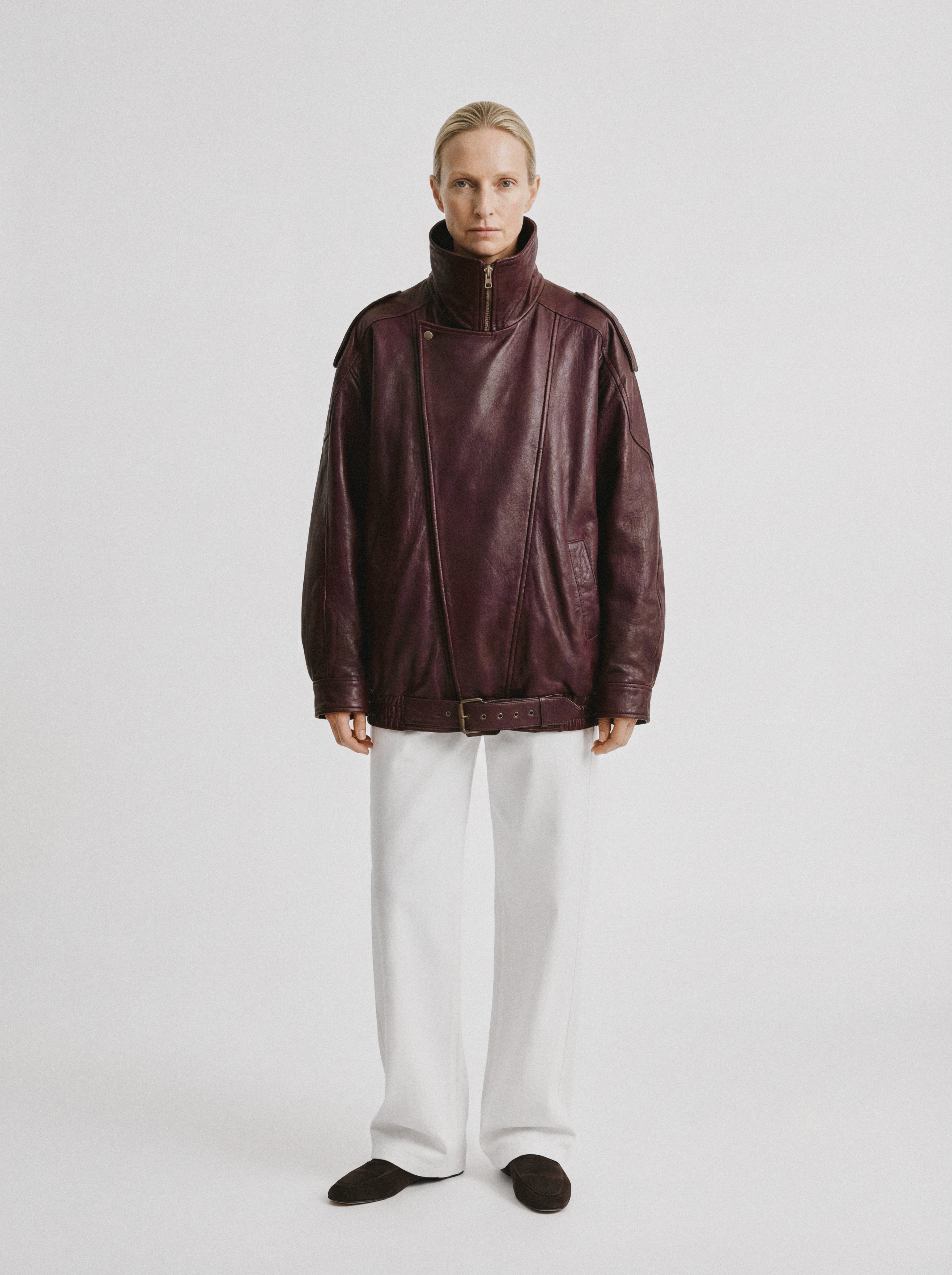 Relaxed Lambskin Leather Jacket Burgundy
