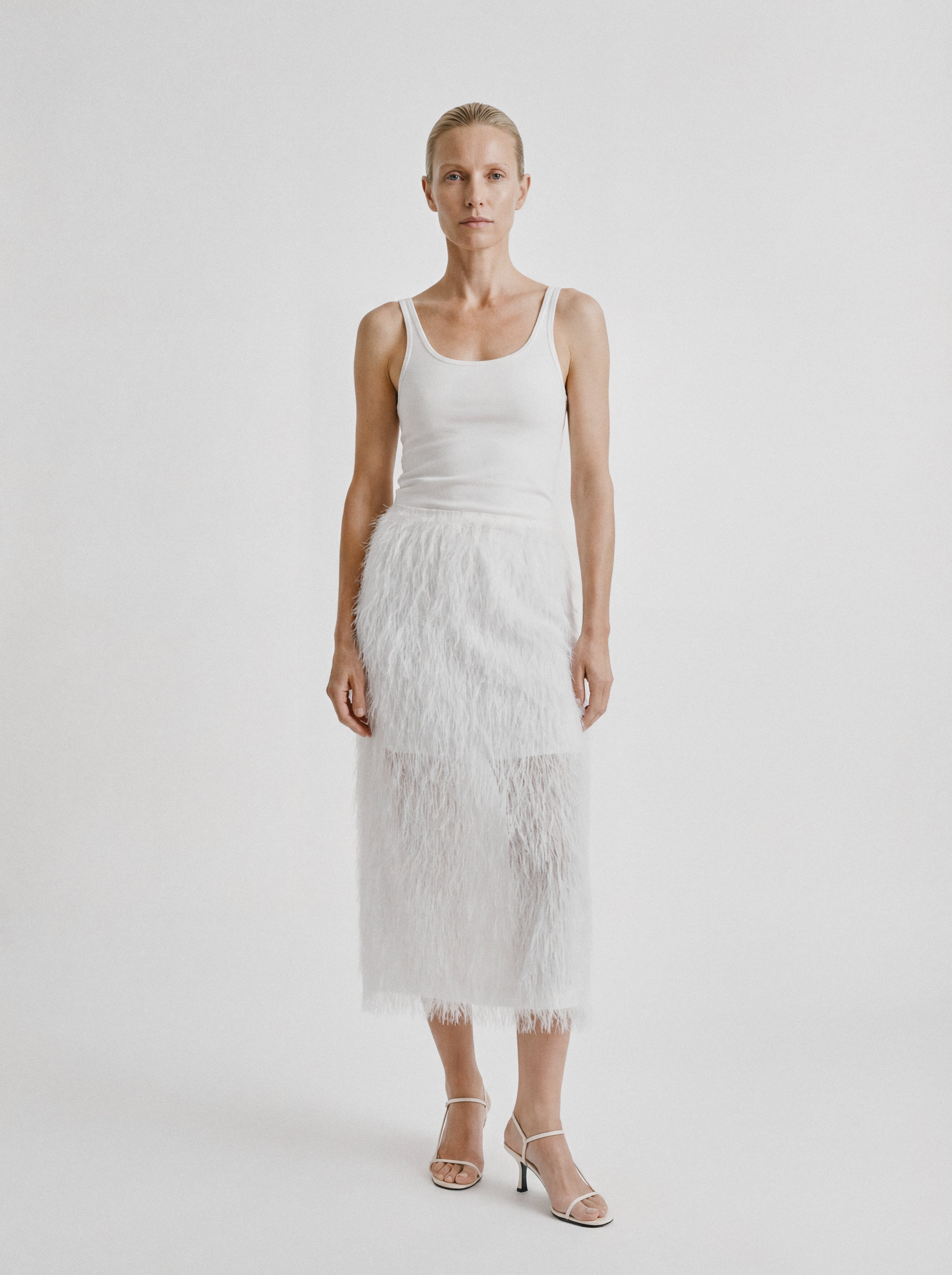 Feather Trim Midi Skirt Ivory
