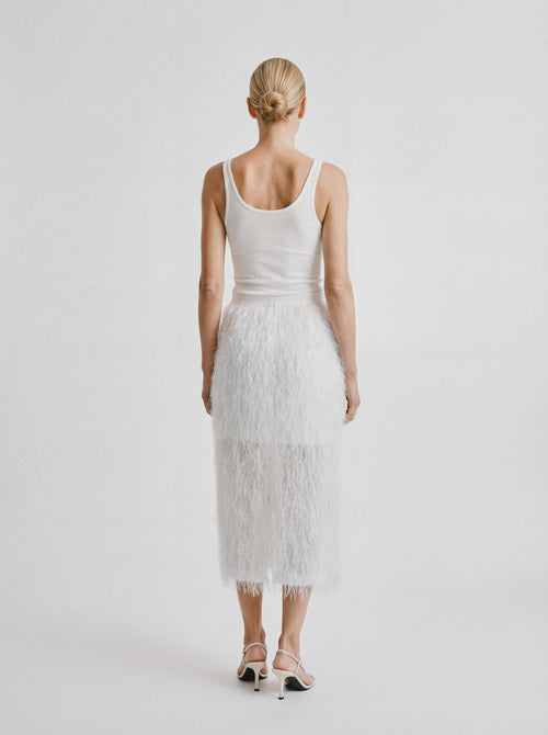 Feather Trim Midi Skirt Ivory
